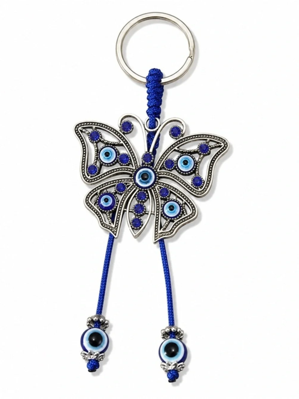 NEW Butterfly Blue & Silver Rope Good Luck Charm Bead Tassel Evil Eye Keychain